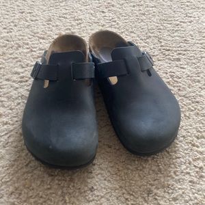 Black leather Birkenstock mules